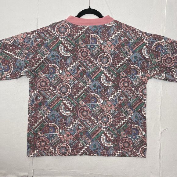Vintage 90's Pink Patchwork Tapestry Fabric Print Top Sz Medium Made In USA - Picture 11 of 14